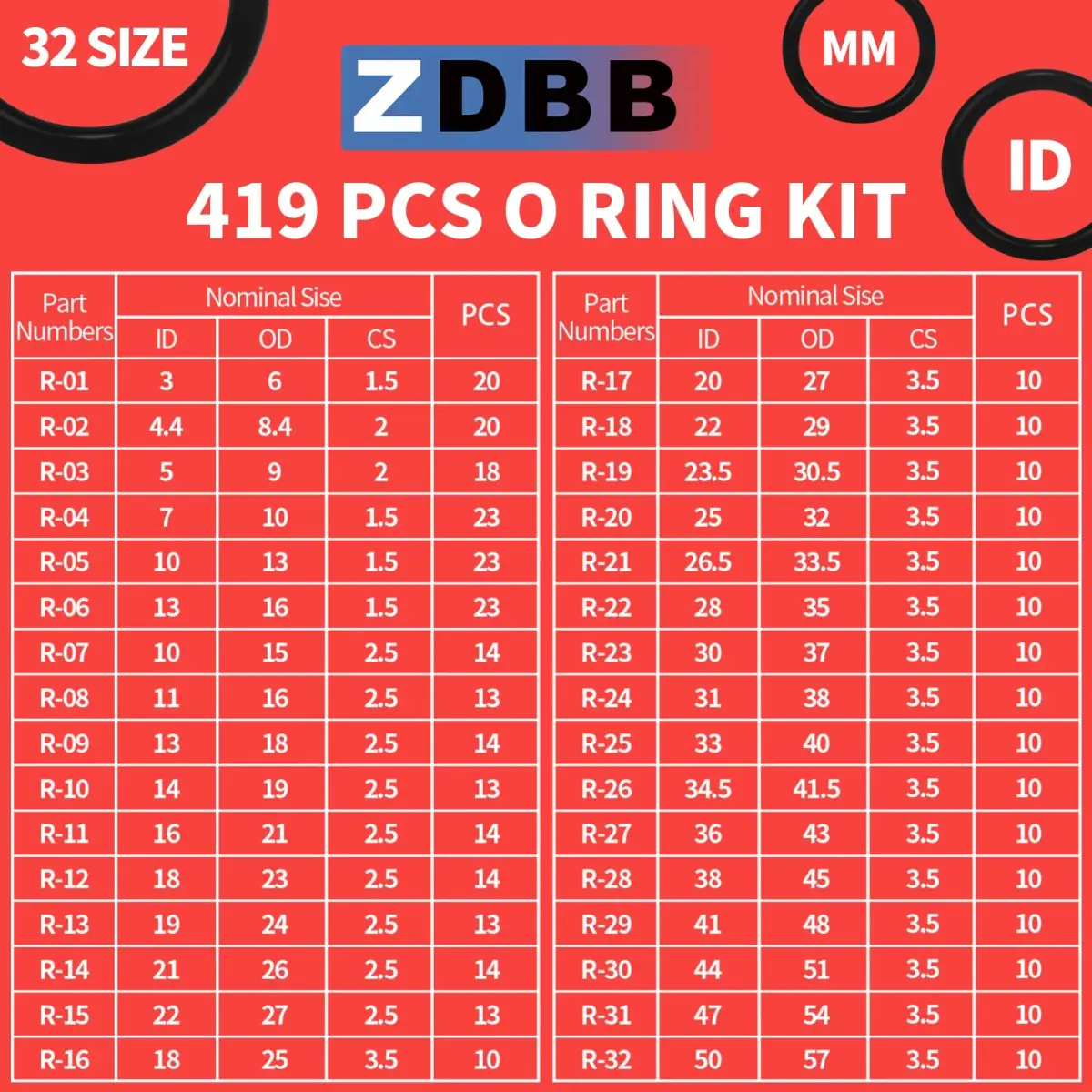 ZDBB 826 Pcs Universal Rubber O-Ring Assortment Kit | Nitrile Rubber (Buna-N 70A) for Automotive & Plumbing - view 4