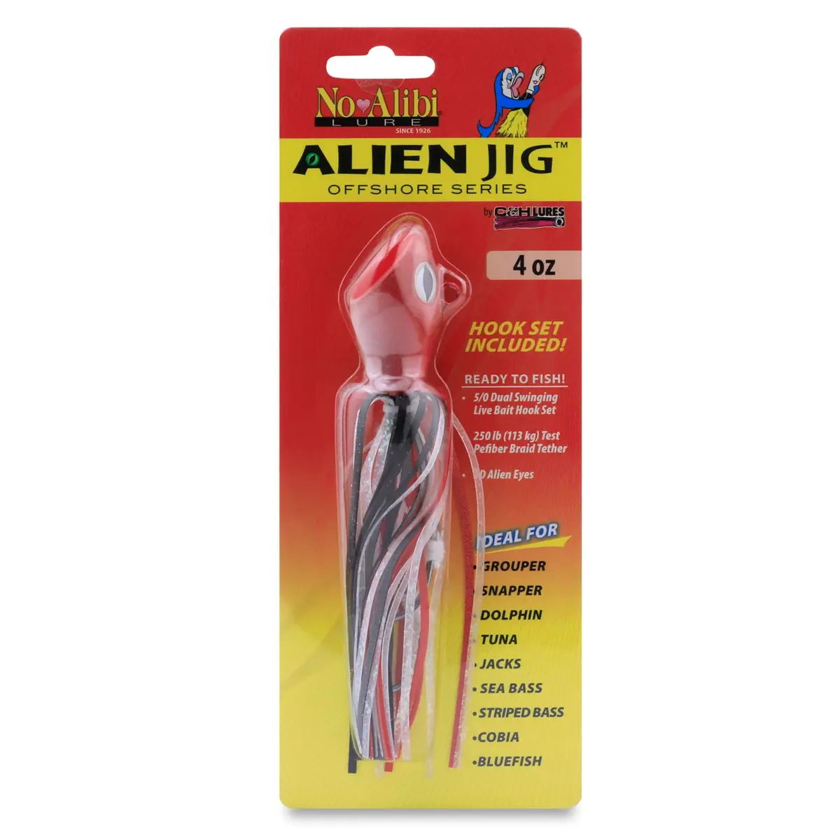 C&H Lures No Alibi Alien Jig Offshore Series, 4 oz (113 g) | Glow Red/Black Skirt, 5/0 Hooks, Upright Fast-Sinking Design - main product image