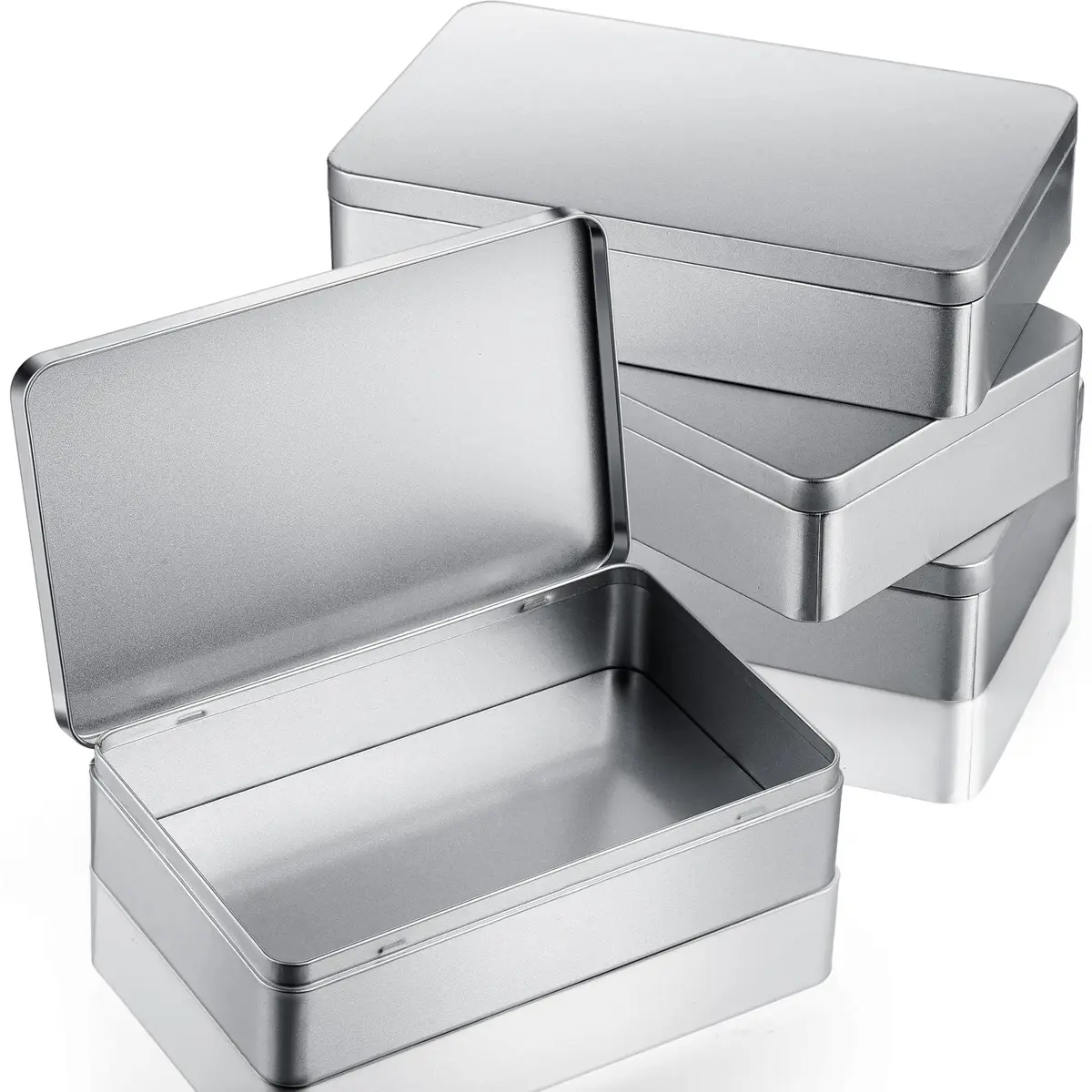 Hotop Metal Tins with Lid Storage Box 21.5cm x 13.5cm x 4.8cm (8.5 x 5.3 x 1.9 Inch) | Pack of 4 Silver Rectangular Containers - main product image
