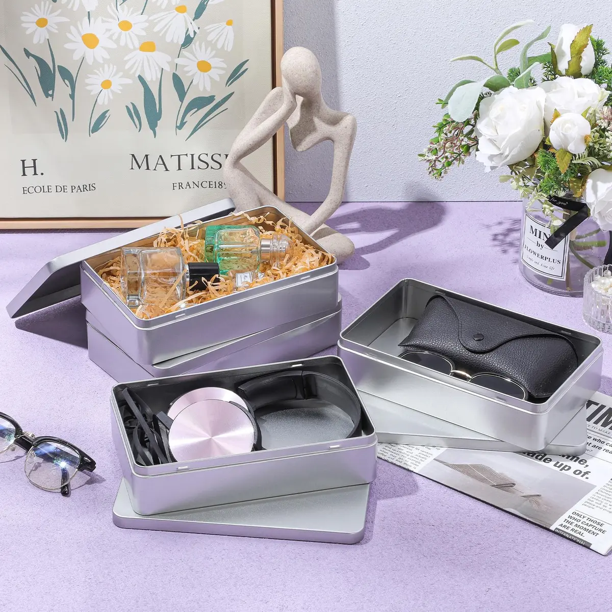 Hotop Metal Tins with Lid Storage Box 21.5cm x 13.5cm x 4.8cm (8.5 x 5.3 x 1.9 Inch) | Pack of 4 Silver Rectangular Containers - view 7