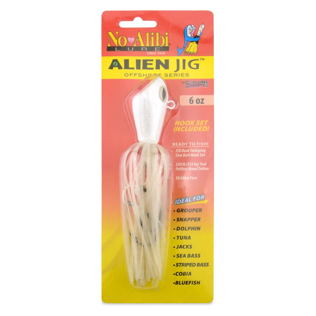 C&H Lures No Alibi Alien Jig Offshore Series, 6 oz (170 g), Fluorescent White Skirt, 7/0 Hooks | Versatile Saltwater Jig for Deep Sea Fishing - main product image