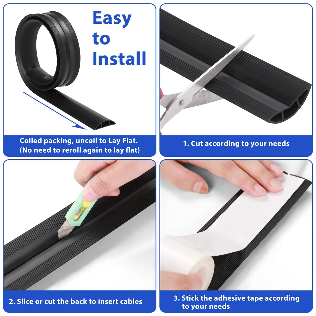 ZhiYo 10ft Floor Cord Cover, Black | Hide 1-2 Cables, Prevent Trips, Cut-to-Length - view 6