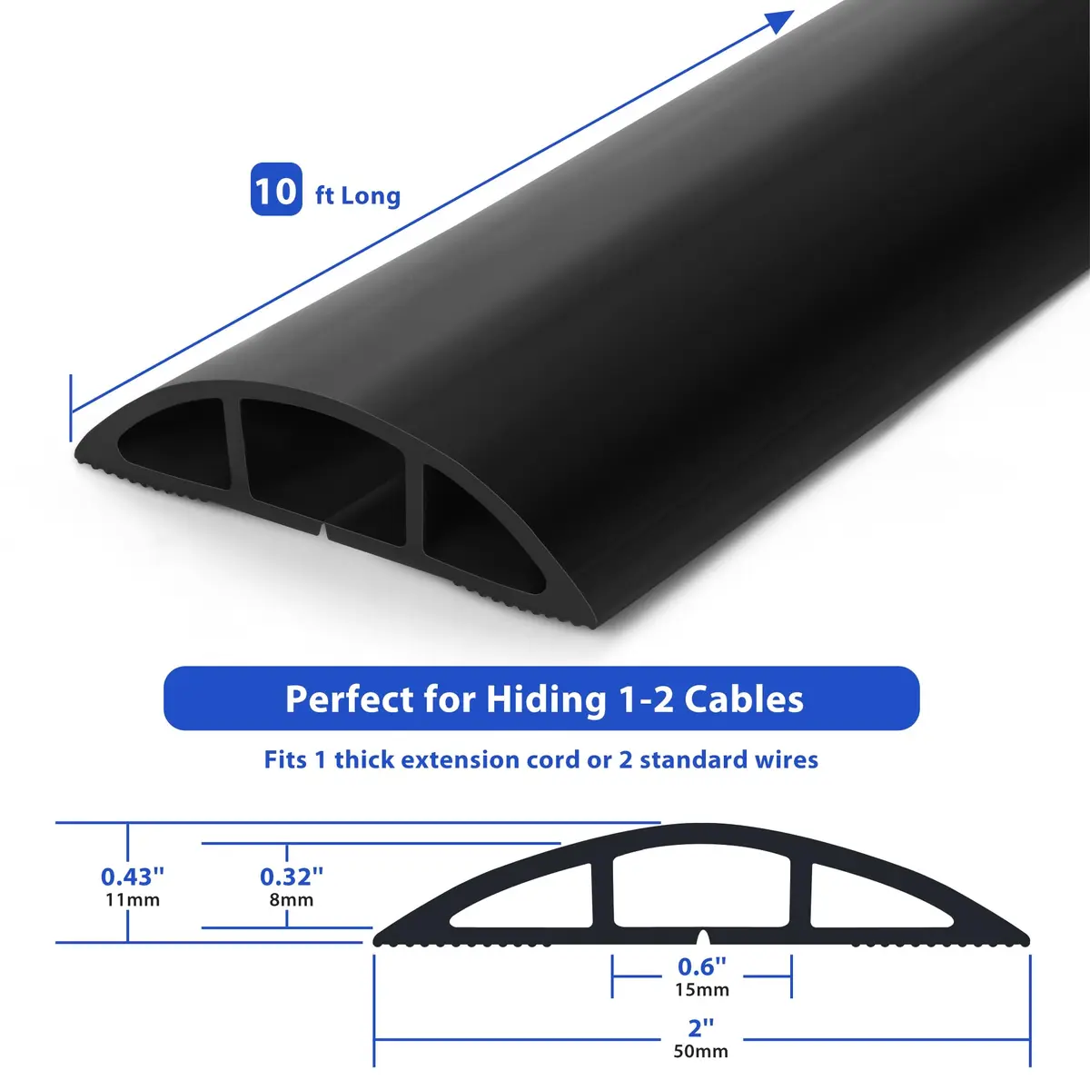 ZhiYo 10ft Floor Cord Cover, Black | Hide 1-2 Cables, Prevent Trips, Cut-to-Length - view 2