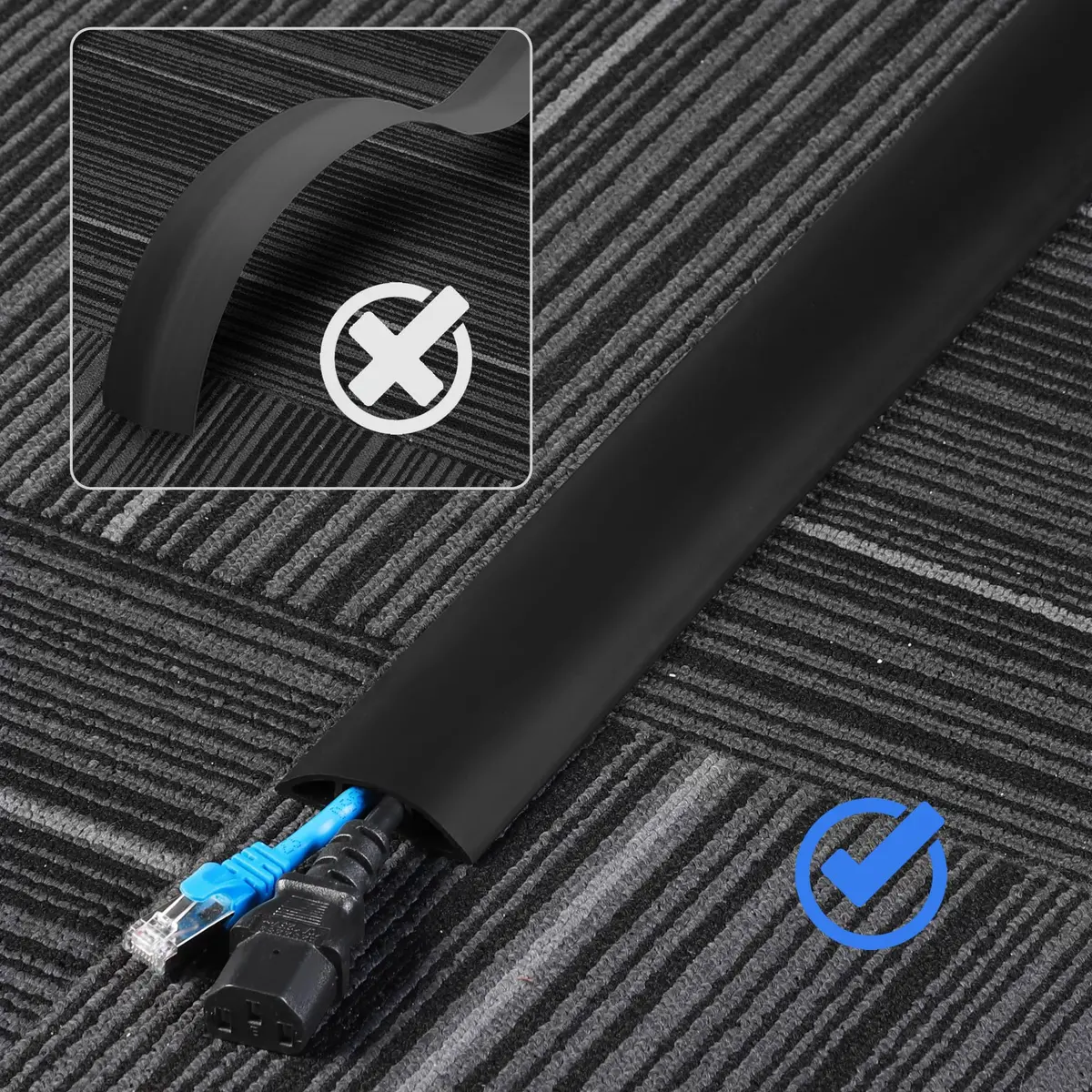 ZhiYo 10ft Floor Cord Cover, Black | Hide 1-2 Cables, Prevent Trips, Cut-to-Length - view 3