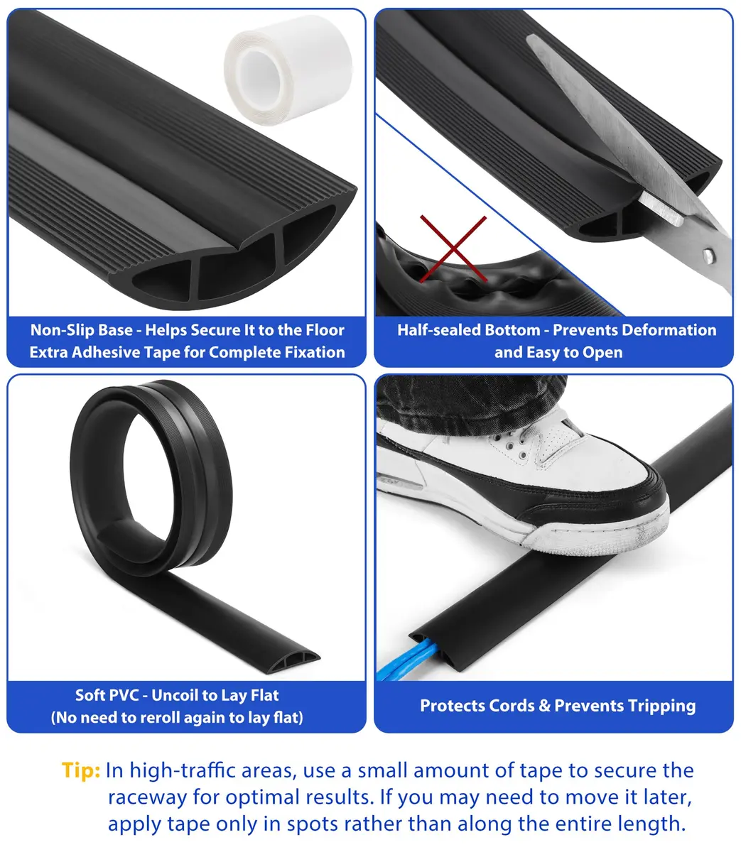 ZhiYo Black Floor Cord Cover 1.83m (6ft) | Hides 1-2 Cables, Prevents Trips - view 2