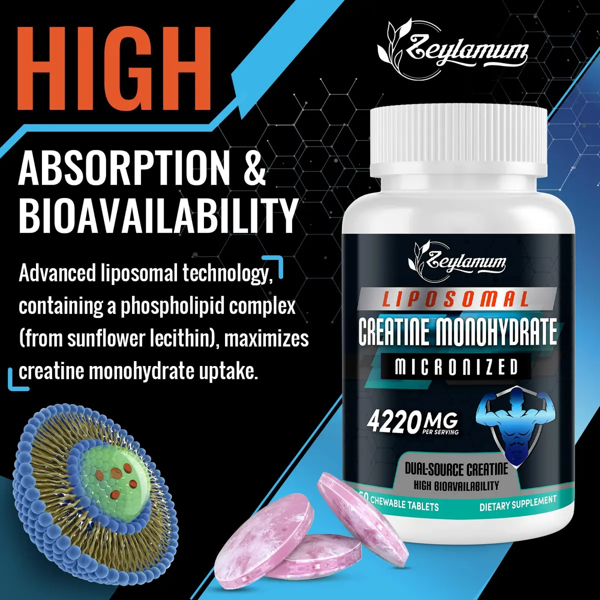Zeylamum Liposomal Creatine Monohydrate Chewable Tablets 4220mg | Portable Creatine Supplement for Active Lifestyles - view 3