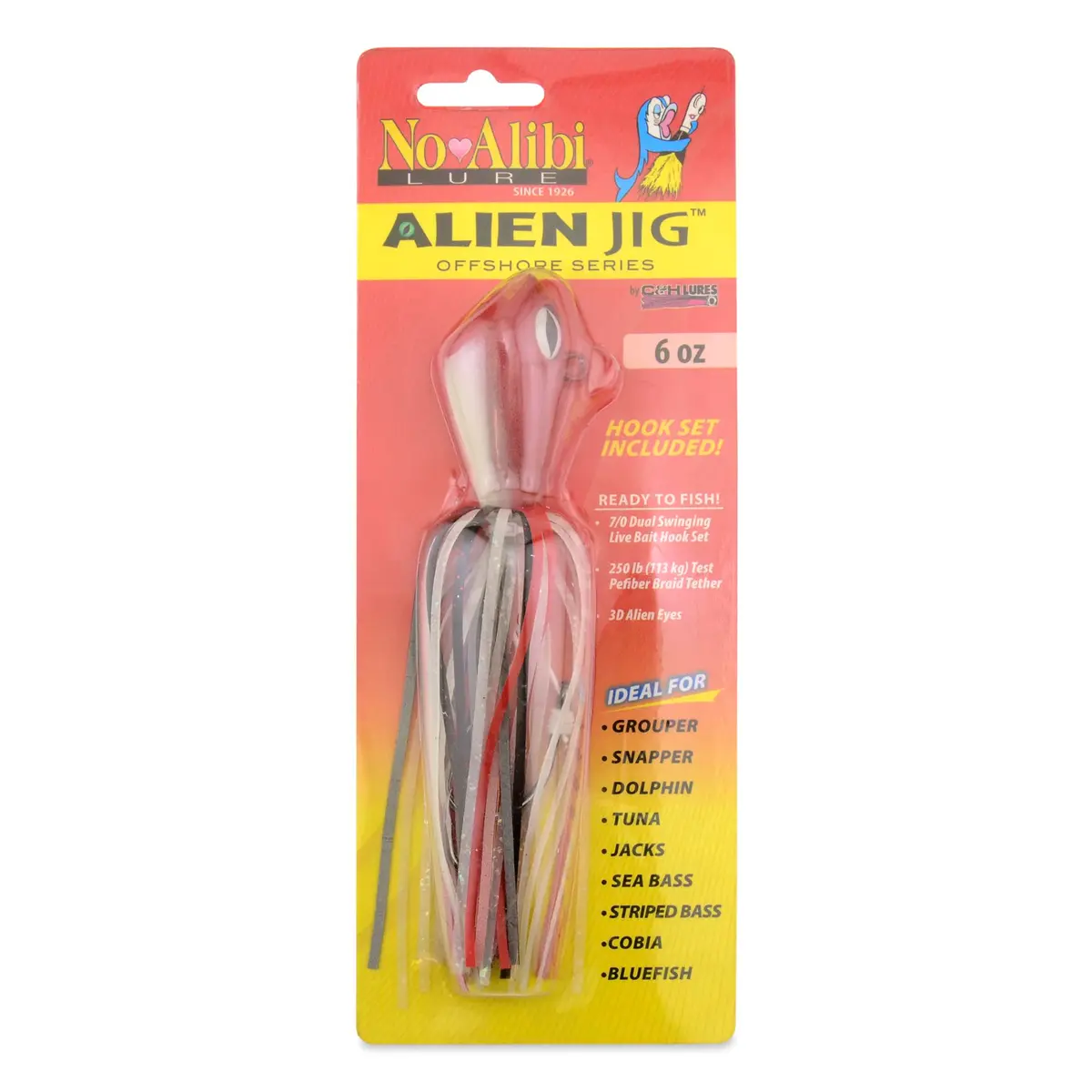 C&H Lures No Alibi Alien Jig Offshore Series, 6 oz / 170 g, Glow Red/Black Skirt, 7/0 Hooks | Versatile Saltwater Jig - main product image