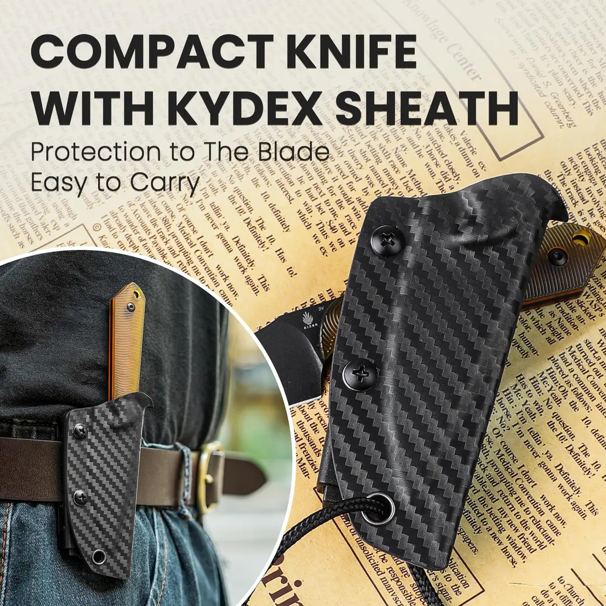 Kizer Harpoon Mini Fixed Blade Knife with Sheath, 3V Steel Blade, PEI Handle, 6.49In | Compact Hunting & Camping Tool - view 4