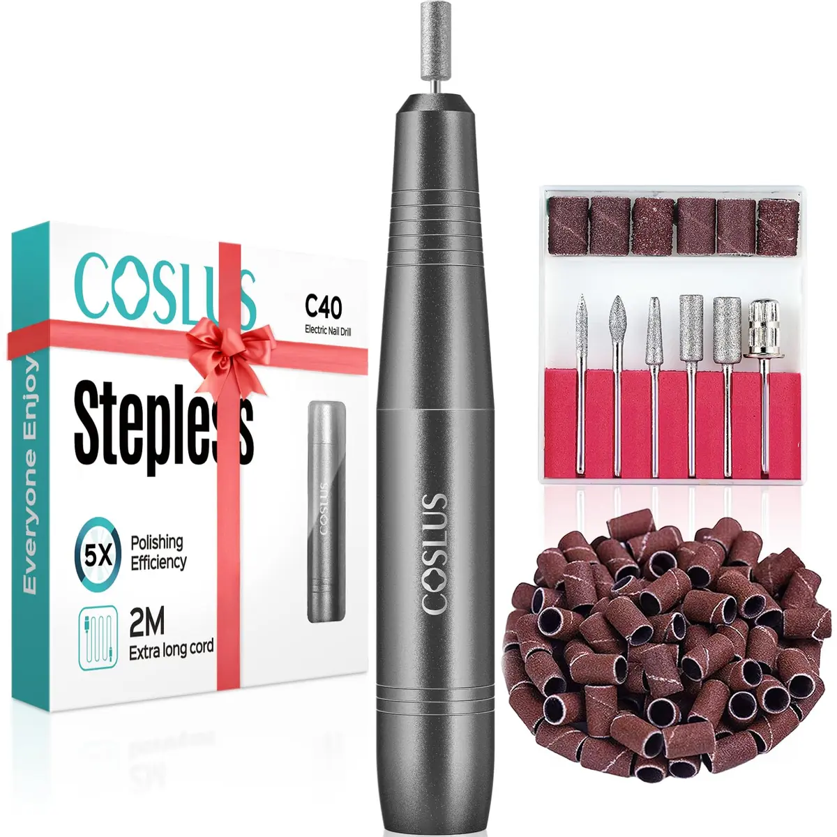 COSLUS C40 Electric Nail Drill Professional with Dial Speed Control & 6 Bits | Grey, Metal, Corded Electric - main product image