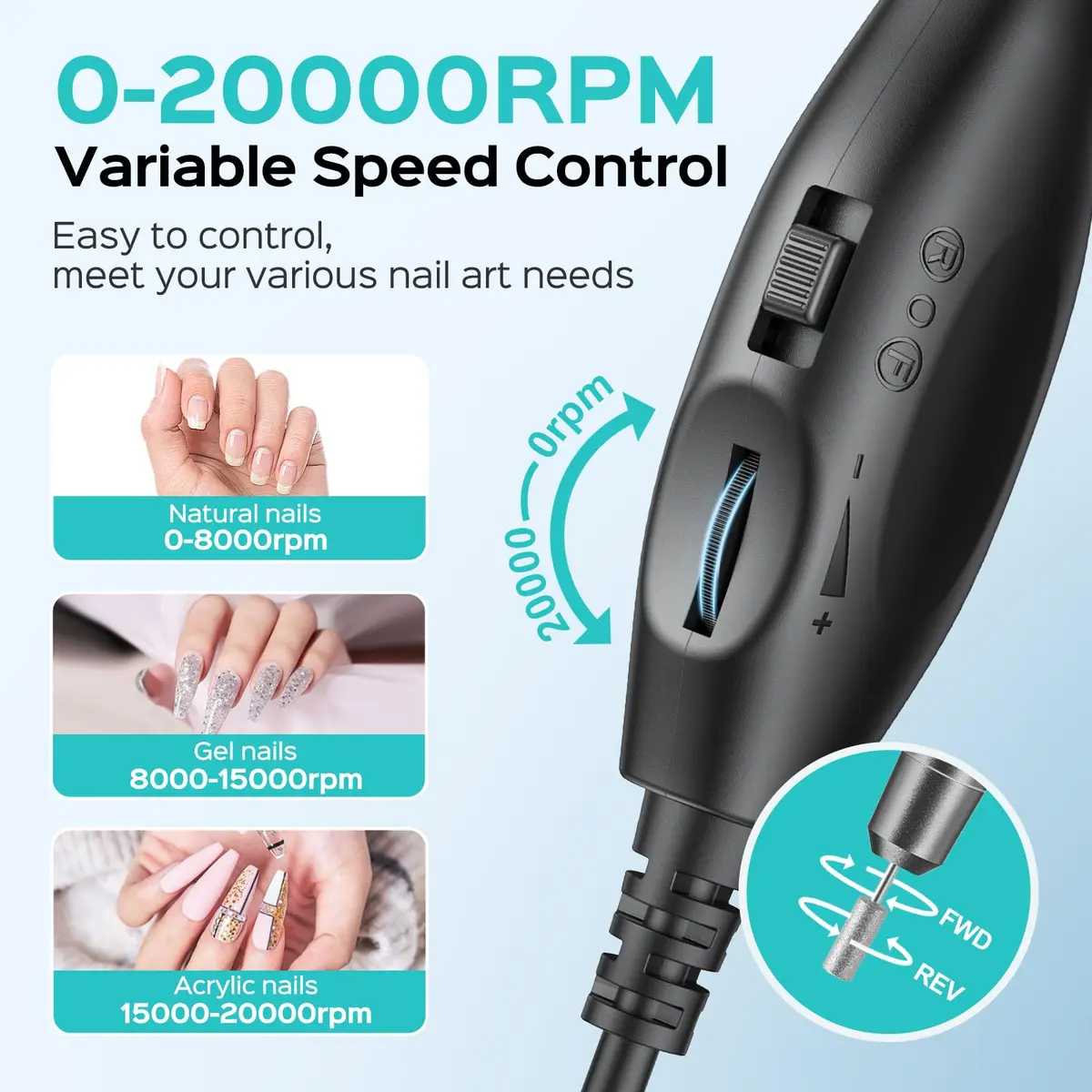 COSLUS C40 Electric Nail Drill Professional with Dial Speed Control & 6 Bits | Grey, Metal, Corded Electric - view 7
