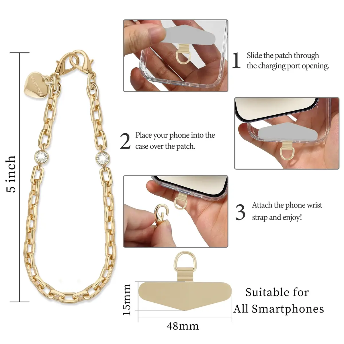 MOUTAKEY Metal Heart Phone Wristlet Strap with Metal Phone Tether Tab - Light Gold | Universal Compatibility & Secure Anti-Theft Protection - view 6