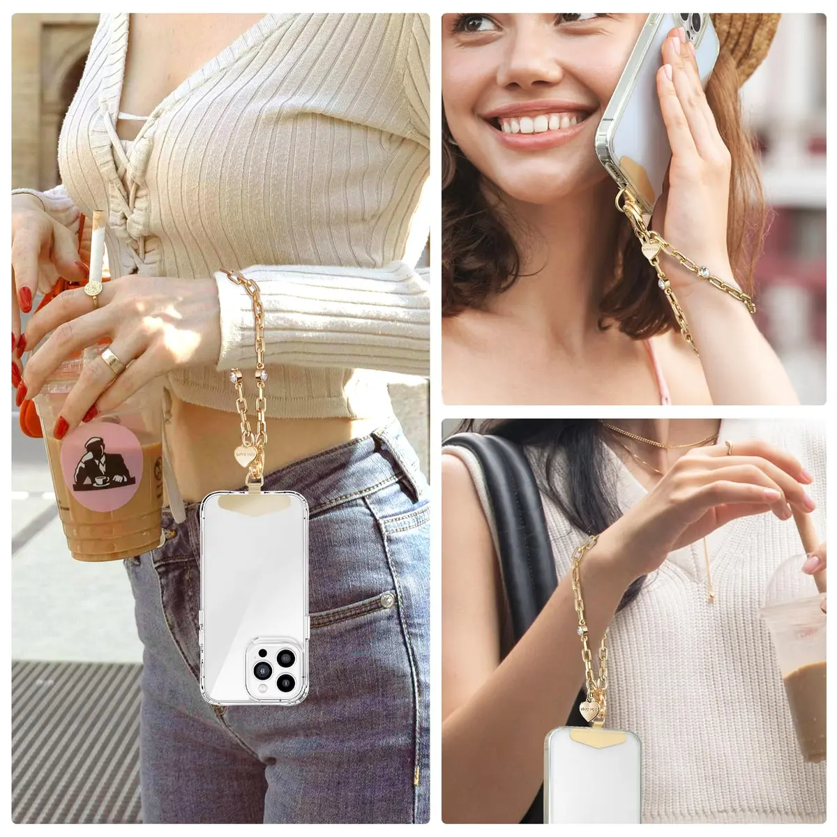 MOUTAKEY Metal Heart Phone Wristlet Strap with Metal Phone Tether Tab - Light Gold | Universal Compatibility & Secure Anti-Theft Protection - view 7