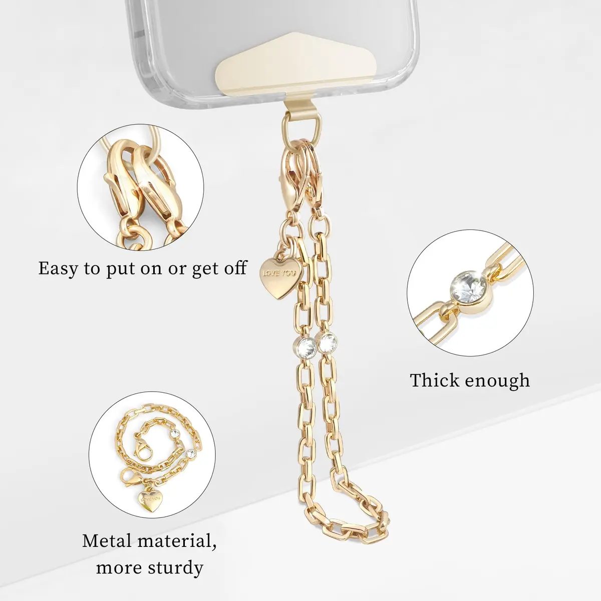 MOUTAKEY Metal Heart Phone Wristlet Strap with Metal Phone Tether Tab - Light Gold | Universal Compatibility & Secure Anti-Theft Protection - view 4