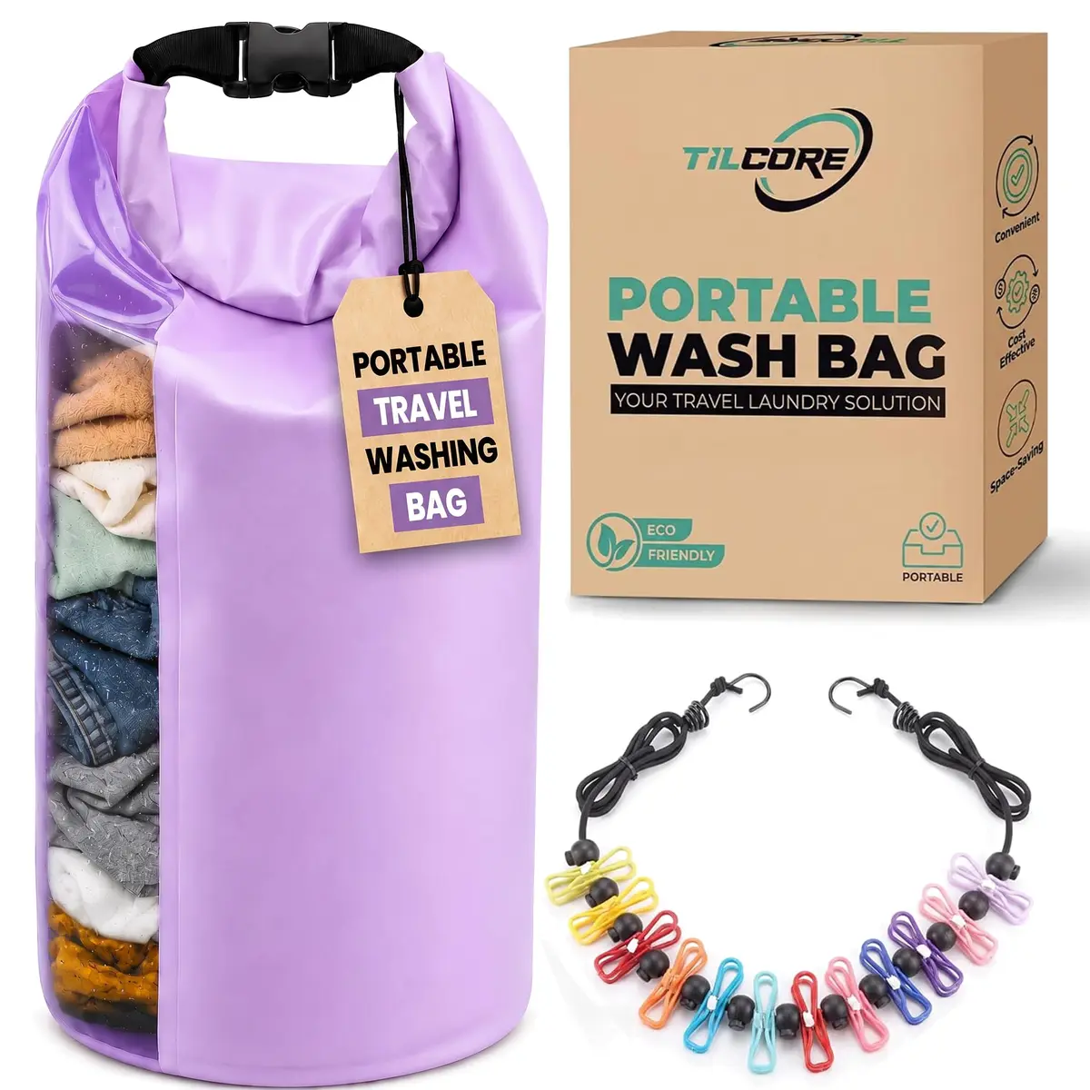 Tilcore Portable Wash Bag with Retractable Clothesline - 3L (101 Fl Oz) Lavander | Non-Electric Manual Washer for Travel & Camping - main product image