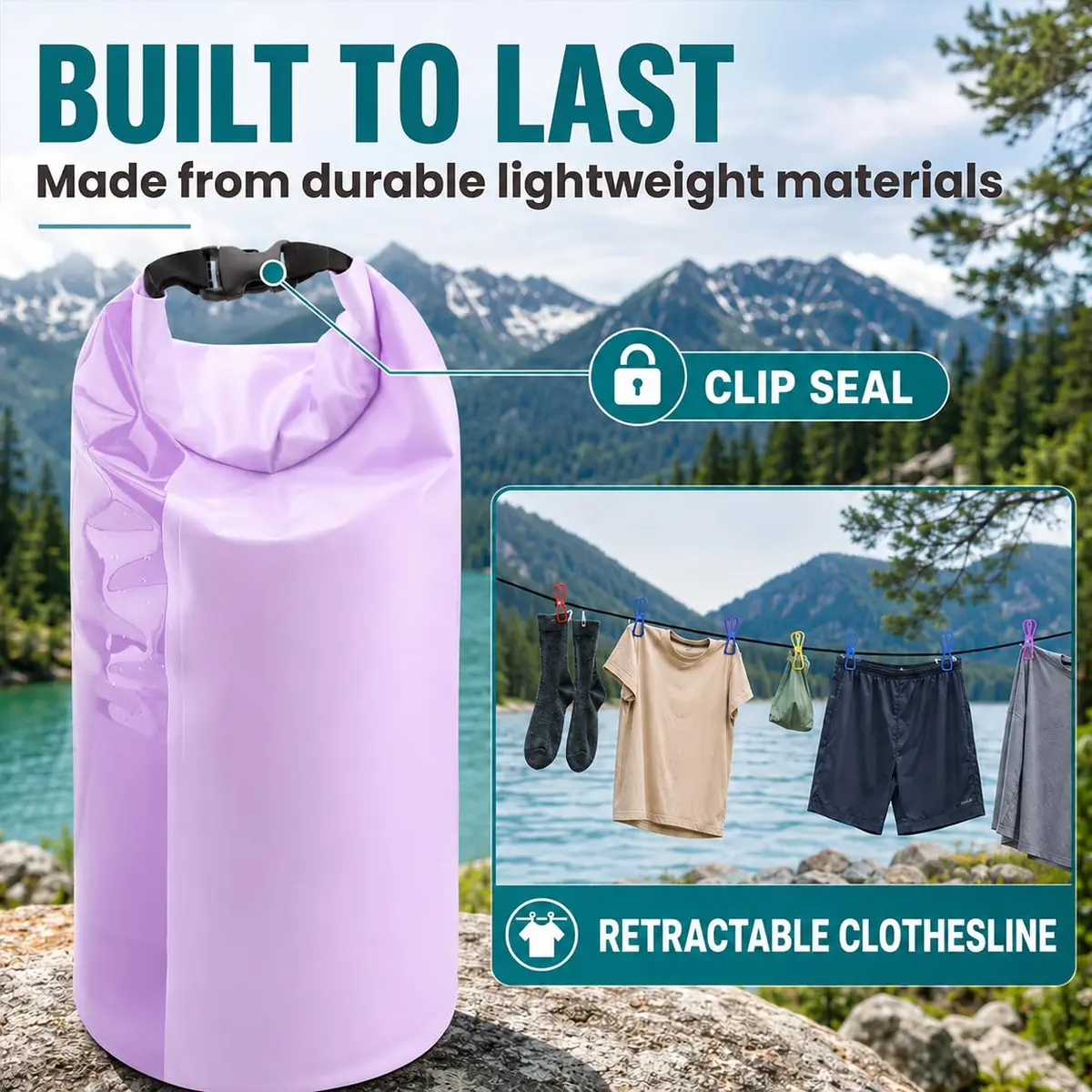 Tilcore Portable Wash Bag with Retractable Clothesline - 3L (101 Fl Oz) Lavander | Non-Electric Manual Washer for Travel & Camping - view 6