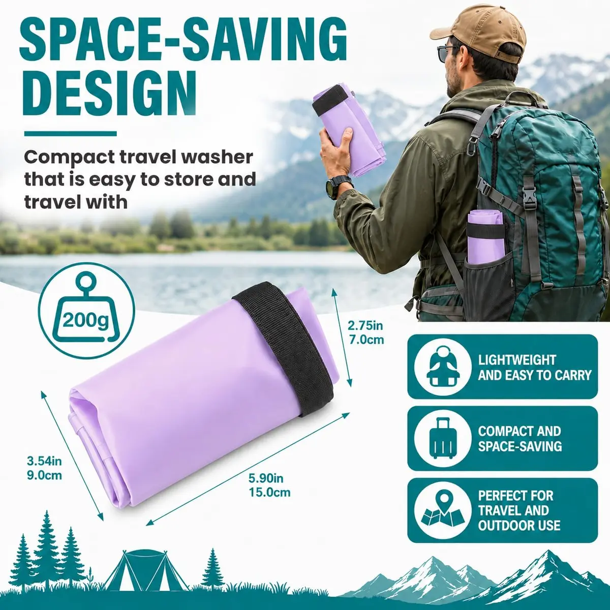 Tilcore Portable Wash Bag with Retractable Clothesline - 3L (101 Fl Oz) Lavander | Non-Electric Manual Washer for Travel & Camping - view 7
