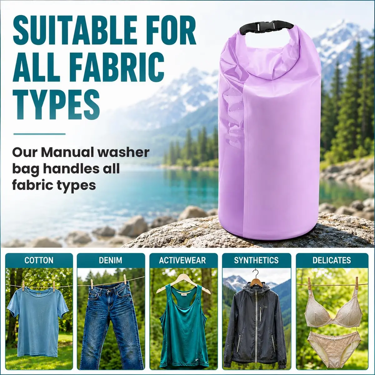 Tilcore Portable Wash Bag with Retractable Clothesline - 3L (101 Fl Oz) Lavander | Non-Electric Manual Washer for Travel & Camping - view 9