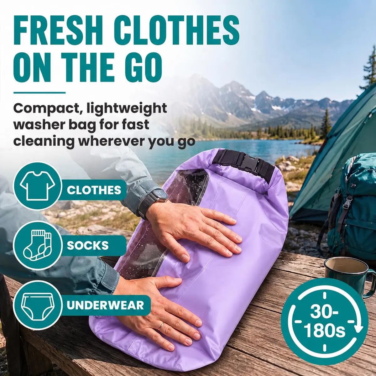 Tilcore Portable Wash Bag with Retractable Clothesline - 3L (101 Fl Oz) Lavander | Non-Electric Manual Washer for Travel & Camping - view 2