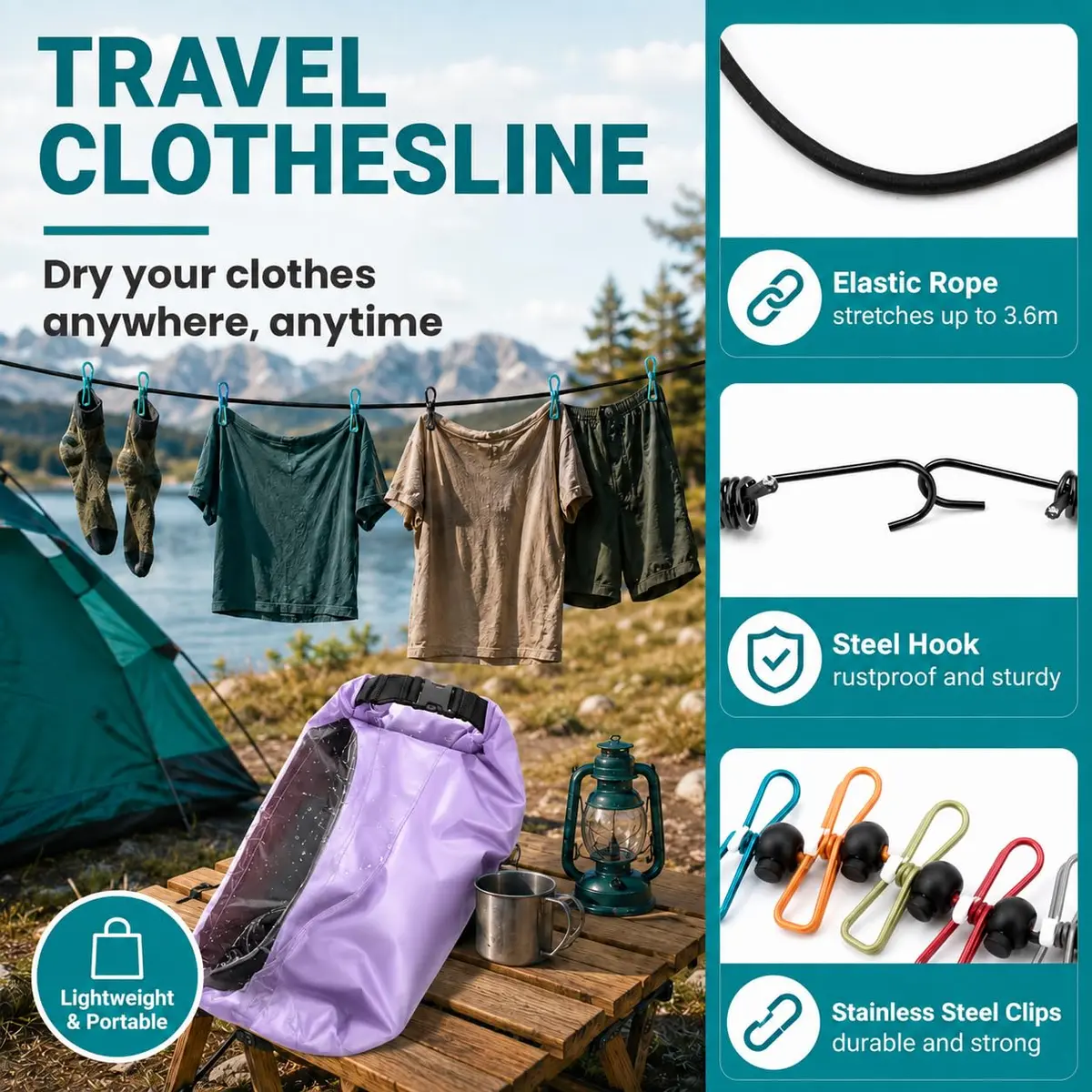 Tilcore Portable Wash Bag with Retractable Clothesline - 3L (101 Fl Oz) Lavander | Non-Electric Manual Washer for Travel & Camping - view 3