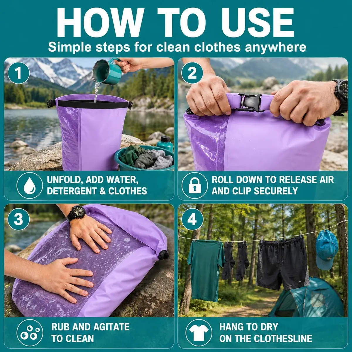 Tilcore Portable Wash Bag with Retractable Clothesline - 3L (101 Fl Oz) Lavander | Non-Electric Manual Washer for Travel & Camping - view 4