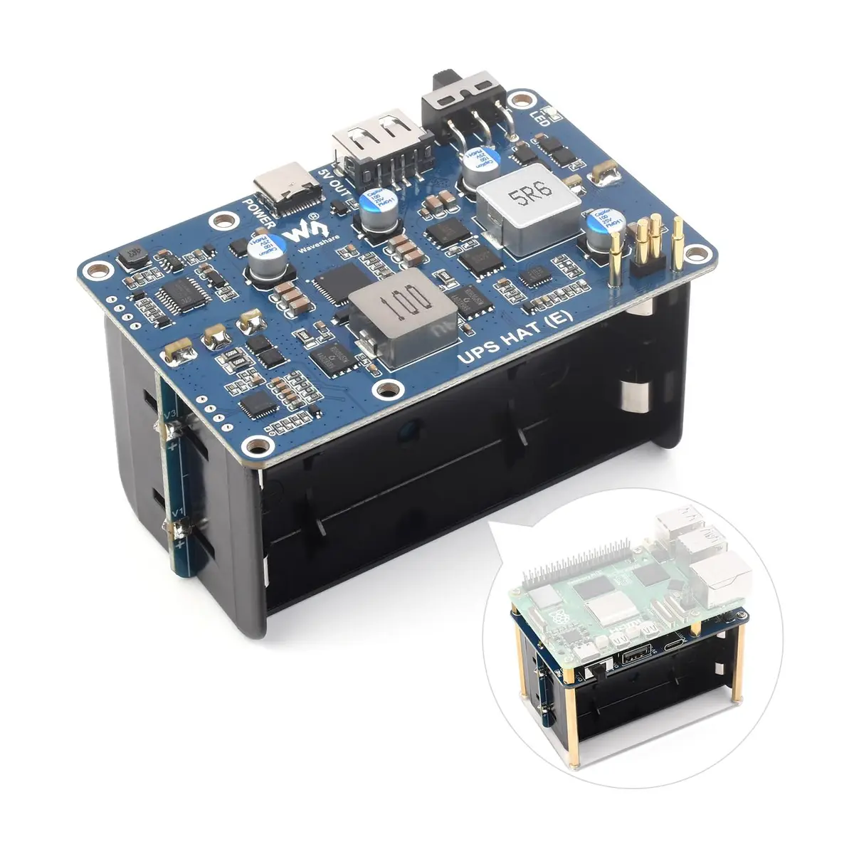 waveshare UPS HAT (E) Compatible with Raspberry Pi 5/4B/3B+ | Bi-Directional Fast Charging, 5V 6A, Pogo Pins - main product image