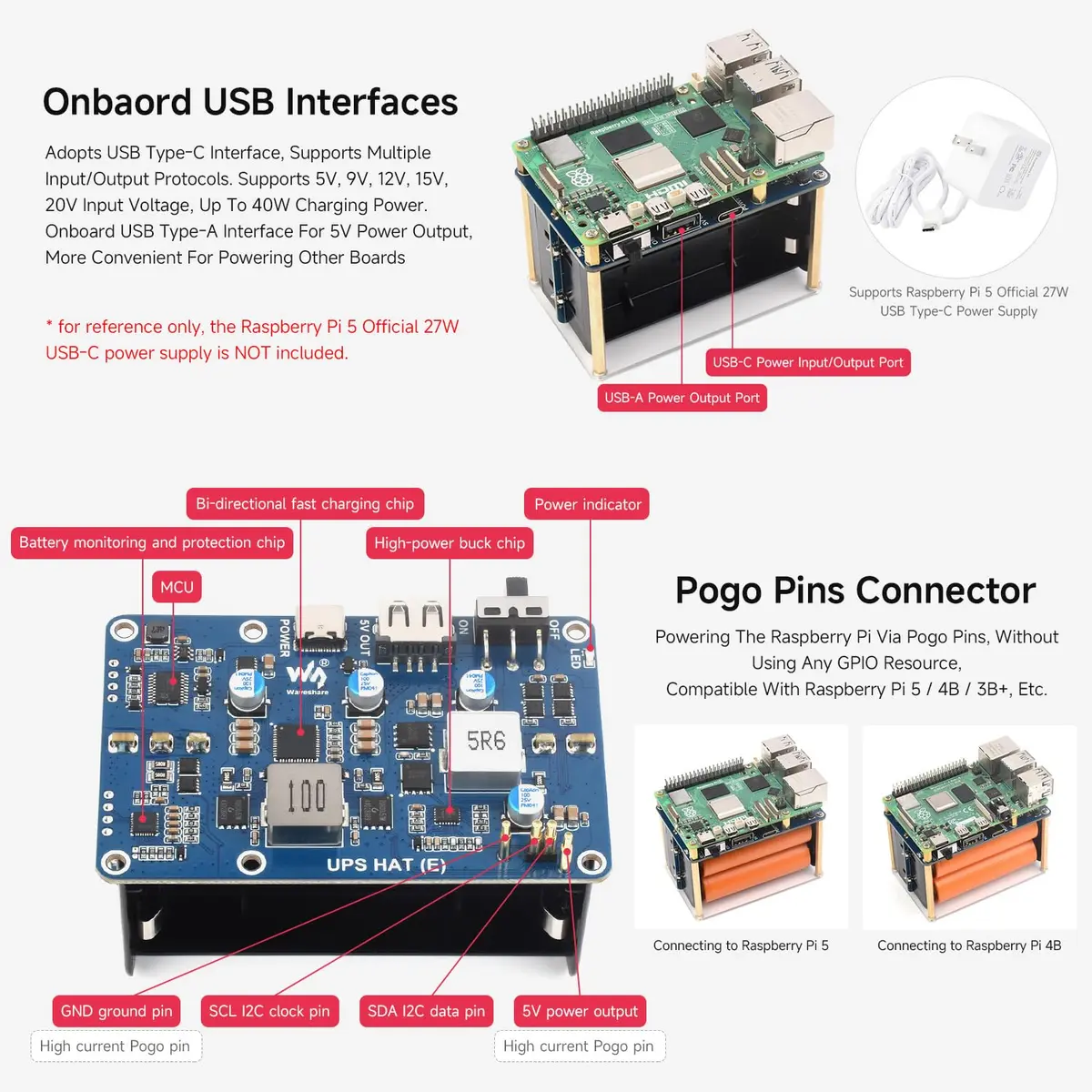 waveshare UPS HAT (E) Compatible with Raspberry Pi 5/4B/3B+ | Bi-Directional Fast Charging, 5V 6A, Pogo Pins - view 6