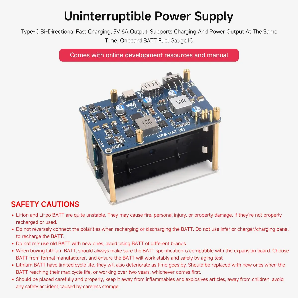 waveshare UPS HAT (E) Compatible with Raspberry Pi 5/4B/3B+ | Bi-Directional Fast Charging, 5V 6A, Pogo Pins - view 3
