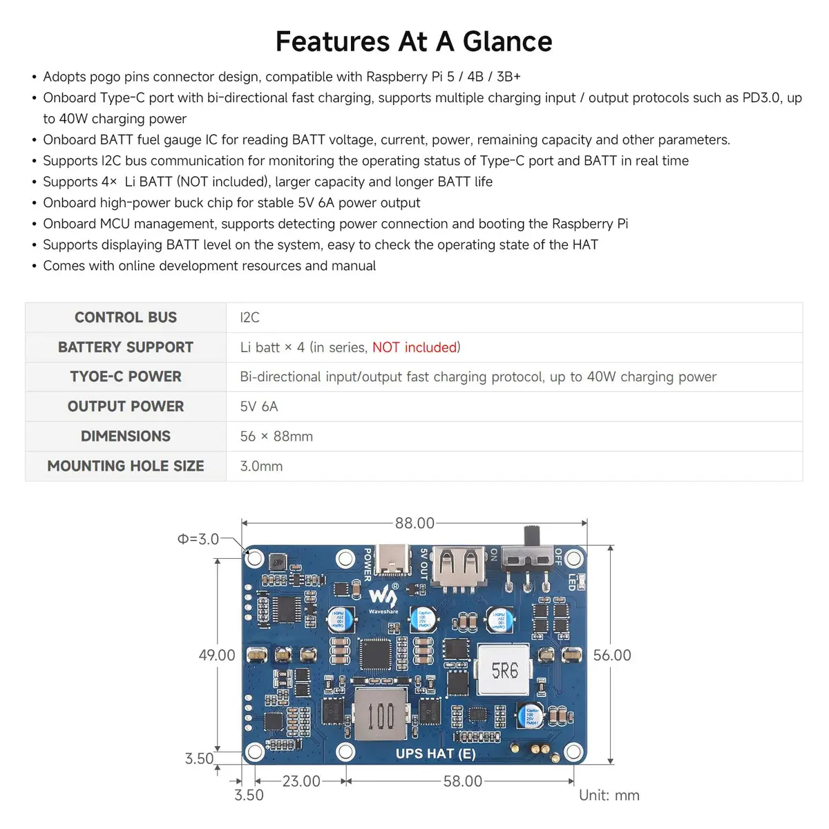 waveshare UPS HAT (E) Compatible with Raspberry Pi 5/4B/3B+ | Bi-Directional Fast Charging, 5V 6A, Pogo Pins - view 4