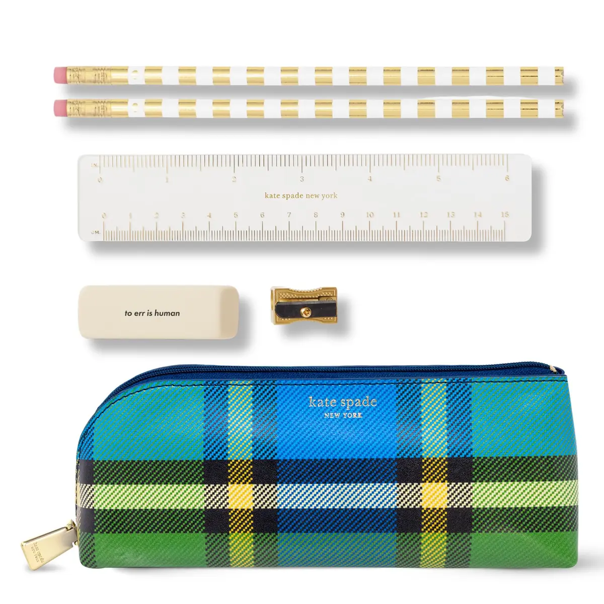 kate spade new york Pen and Pencil Case, Grand Plaid Duo | Classic Plaid Design, Durable Zipper, Compact Office & Stationery Organizer - main product image