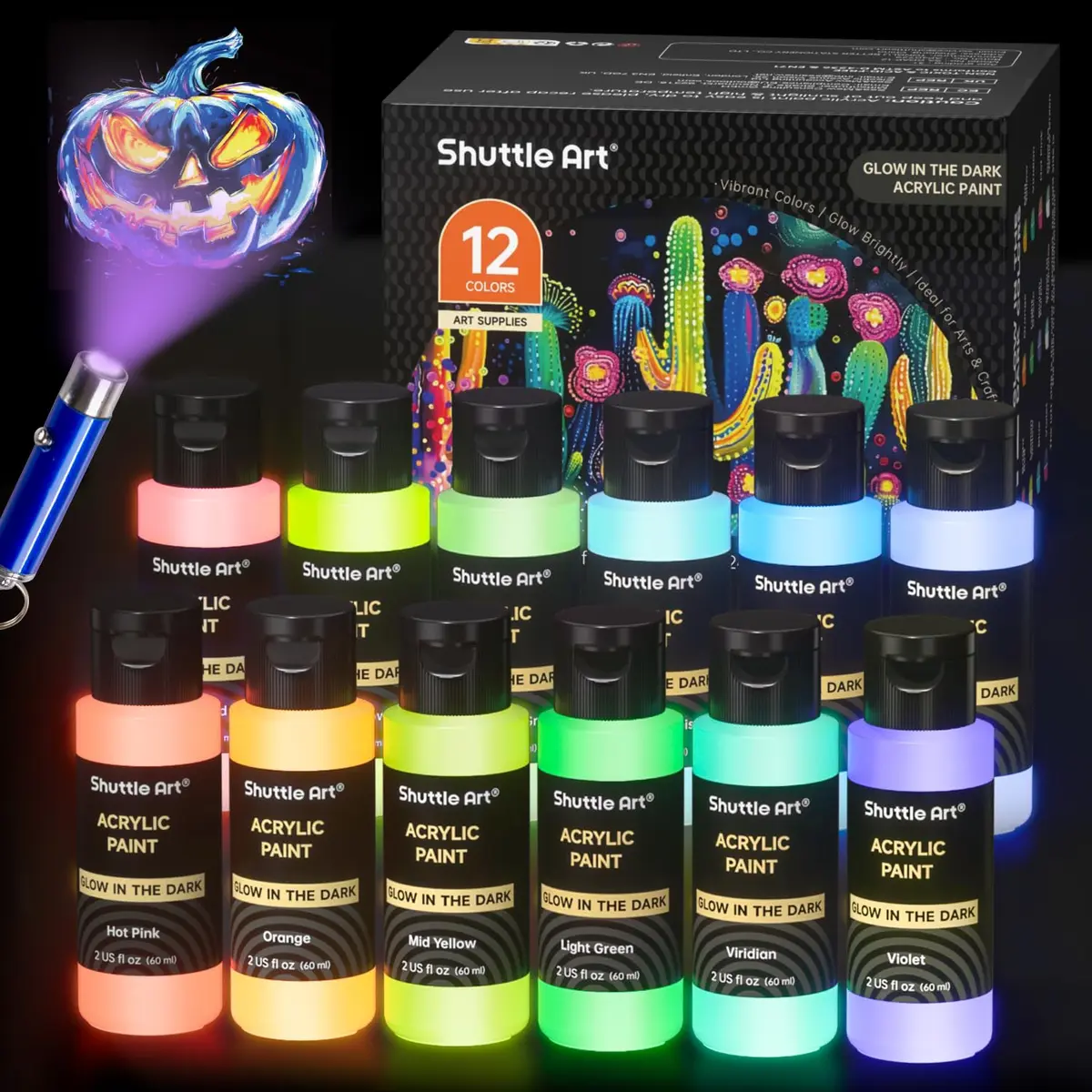 Shuttle Art Glow in the Dark Acrylic Paint Set 12 Colors 60ml (2oz) Bottles | Non-Toxic, Fast Charging, Waterproof - main product image