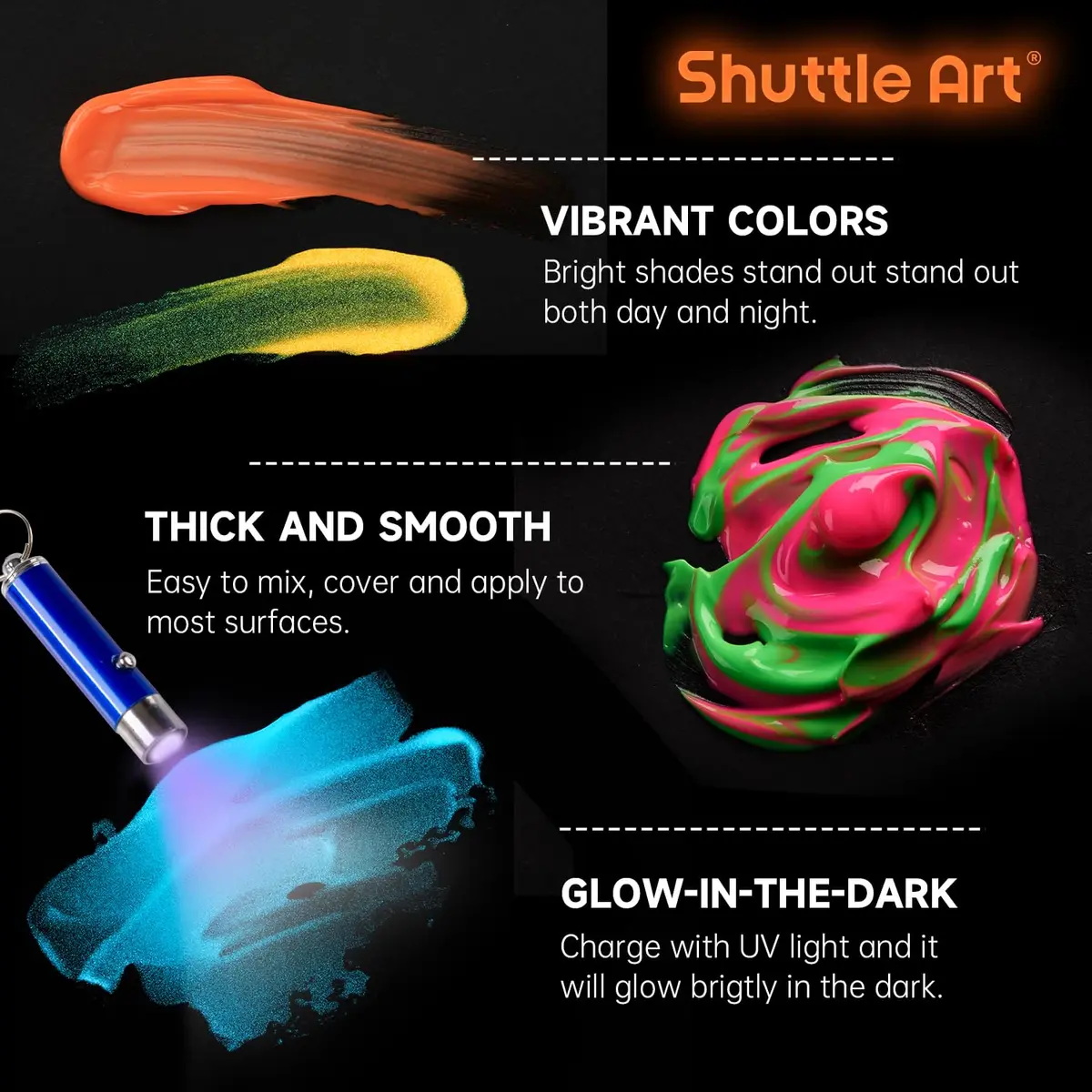 Shuttle Art Glow in the Dark Acrylic Paint Set 12 Colors 60ml (2oz) Bottles | Non-Toxic, Fast Charging, Waterproof - view 7