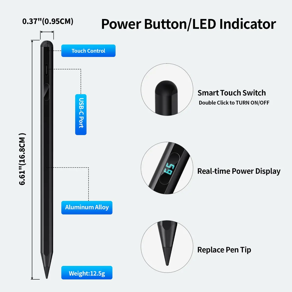 Tresoba Stylus Pen for iPad 6th-11th Gen | LED Power Display, Palm Rejection, USB-C Charging - view 3