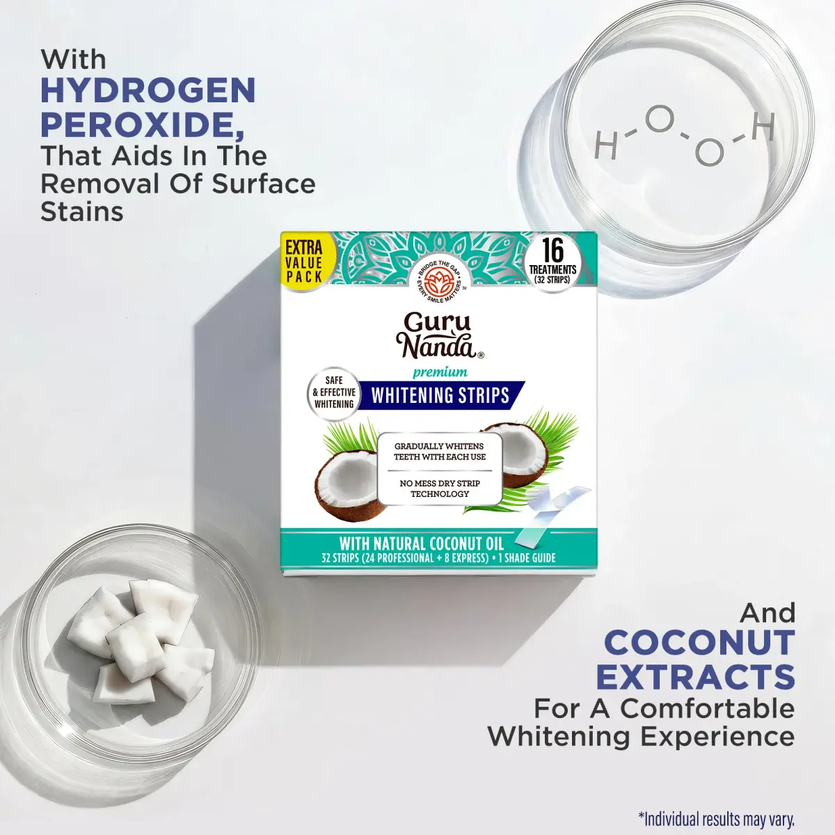 GuruNanda Teeth Whitening Strips Kit 32 Count (Pack of 1) | Hydrogen Peroxide & Coconut Oil for Brighter Smile - view 4