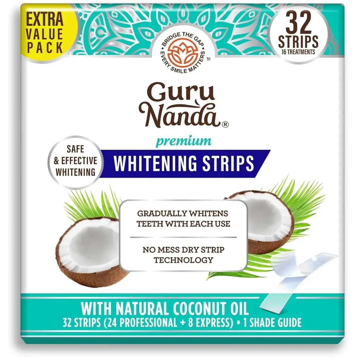 GuruNanda Teeth Whitening Strips Kit 32 Count (Pack of 1) | Hydrogen Peroxide & Coconut Oil for Brighter Smile - main product image