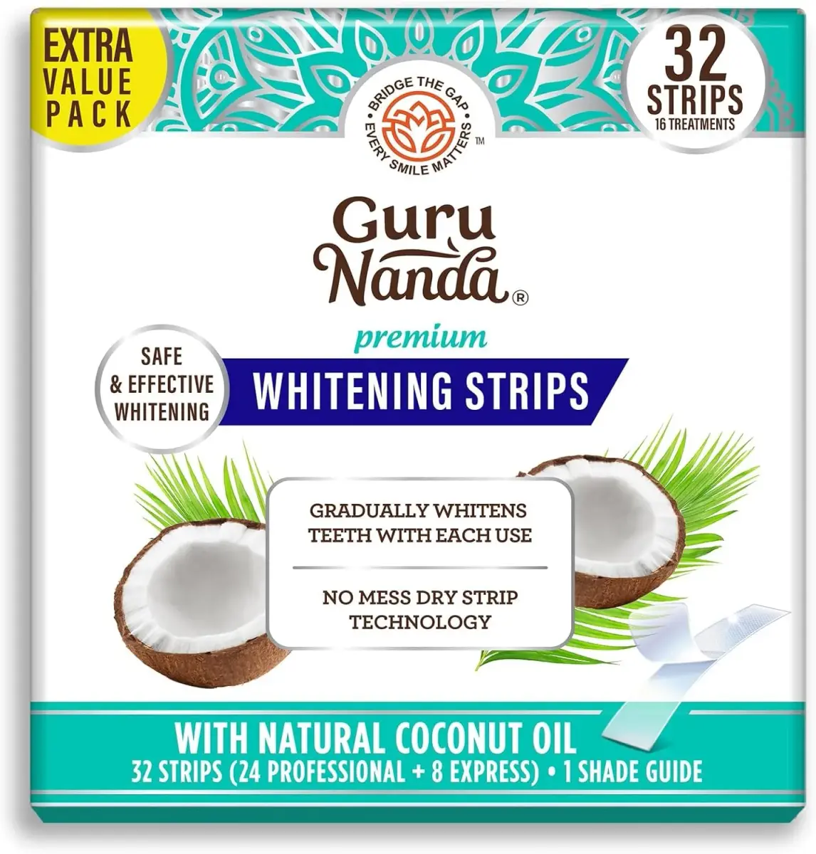 GuruNanda Teeth Whitening Strips Kit 32 Count (Pack of 1) | Hydrogen Peroxide & Coconut Oil for Brighter Smile - main product image