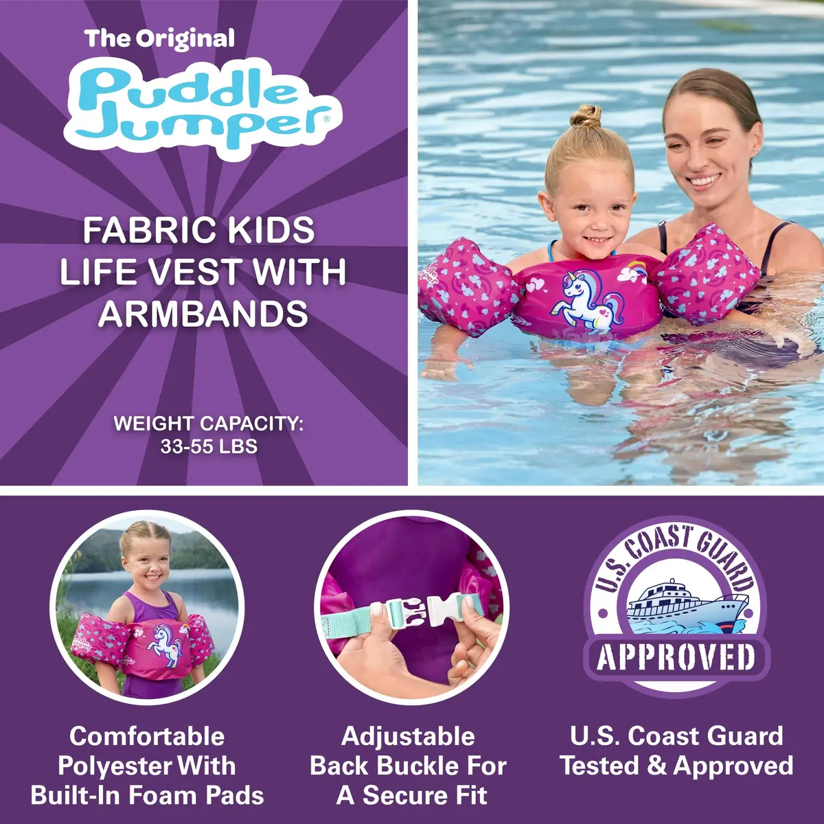Bestway Puddle Jumper Kids Life Vest with Armbands | US Coast Guard Approved | Youth Swim Trainer | 15-25kg | Adjustable | Polyester | Pink Unicorn - view 2
