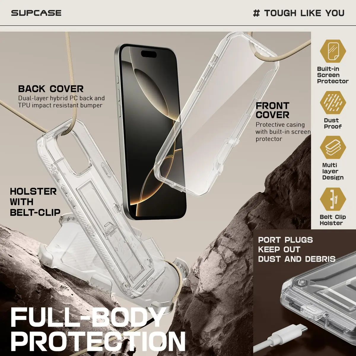 SUPCASE for iPhone 16 Pro Max Case with Screen Protector & Stand, Clear - view 6