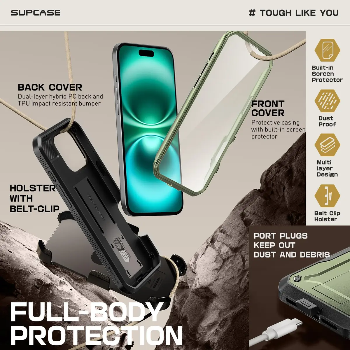 SUPCASE iPhone 16 Pro Max Case with Screen Protector & Stand | Drop Tested 20ft, Shockproof, Detachable Belt Clip, Full Body Protection - view 5