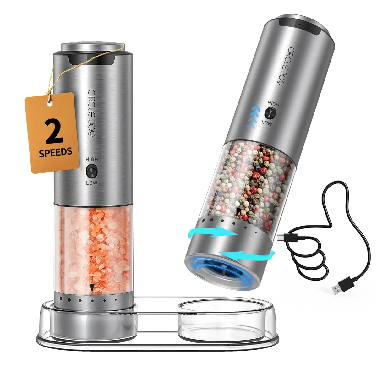 CIRCLE JOY Electric Salt and Pepper Grinder Set with Storage Base, 2-Speed Rechargeable, Adjustable Coarseness, Stainless Steel, White LED Light - main product image