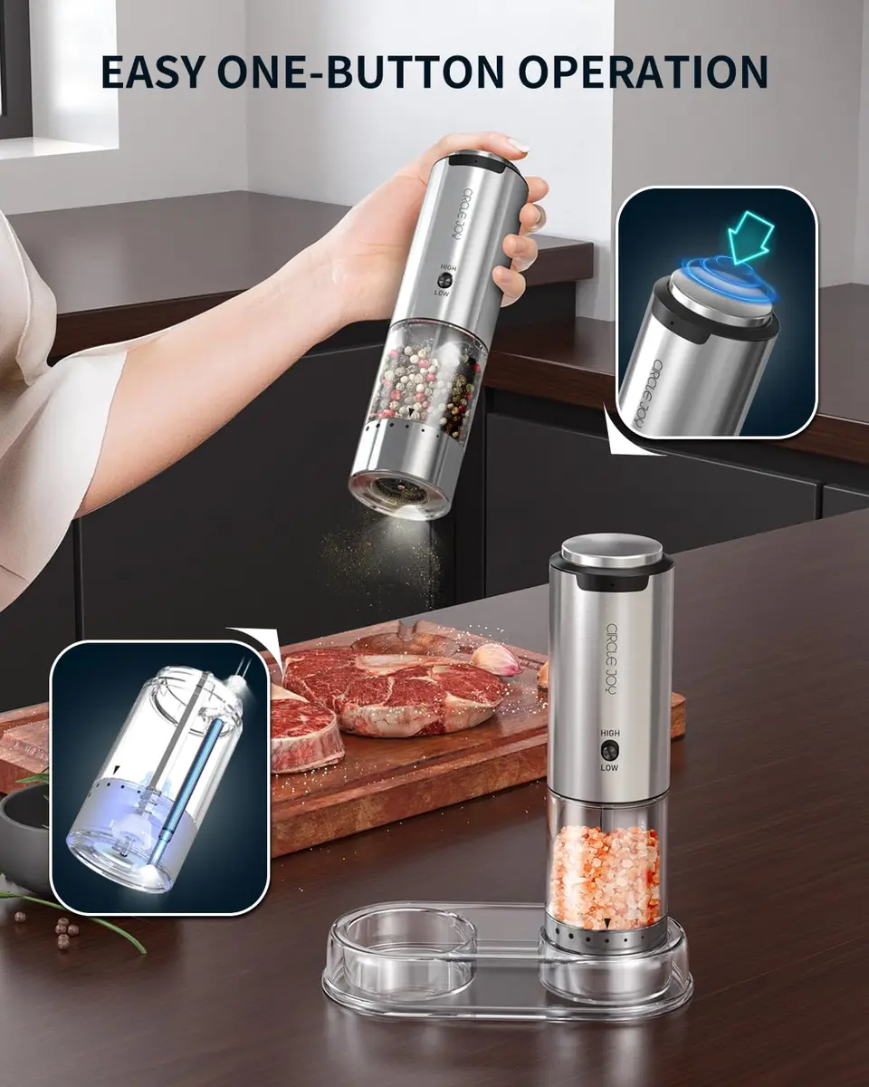 CIRCLE JOY Electric Salt and Pepper Grinder Set with Storage Base, 2-Speed Rechargeable, Adjustable Coarseness, Stainless Steel, White LED Light - view 5