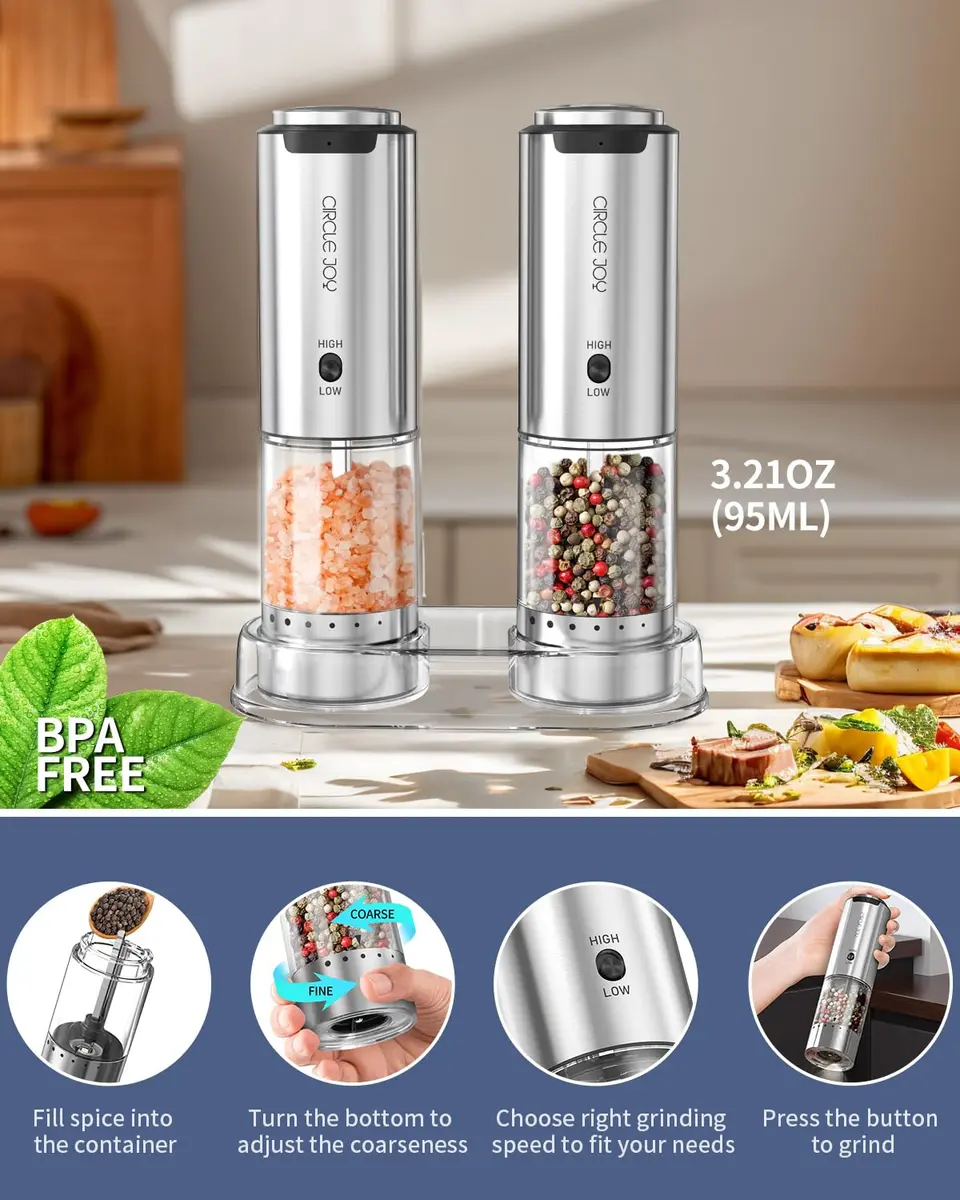 CIRCLE JOY Electric Salt and Pepper Grinder Set with Storage Base, 2-Speed Rechargeable, Adjustable Coarseness, Stainless Steel, White LED Light - view 6