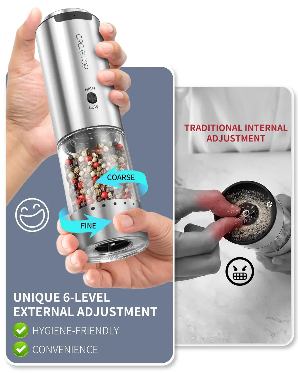 CIRCLE JOY Electric Salt and Pepper Grinder Set with Storage Base, 2-Speed Rechargeable, Adjustable Coarseness, Stainless Steel, White LED Light - view 3