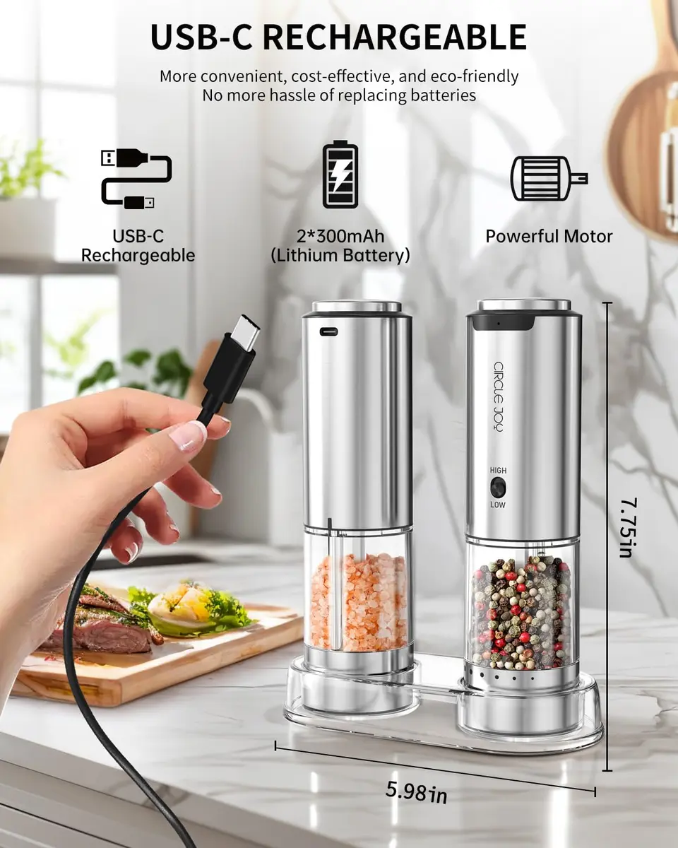 CIRCLE JOY Electric Salt and Pepper Grinder Set with Storage Base, 2-Speed Rechargeable, Adjustable Coarseness, Stainless Steel, White LED Light - view 4