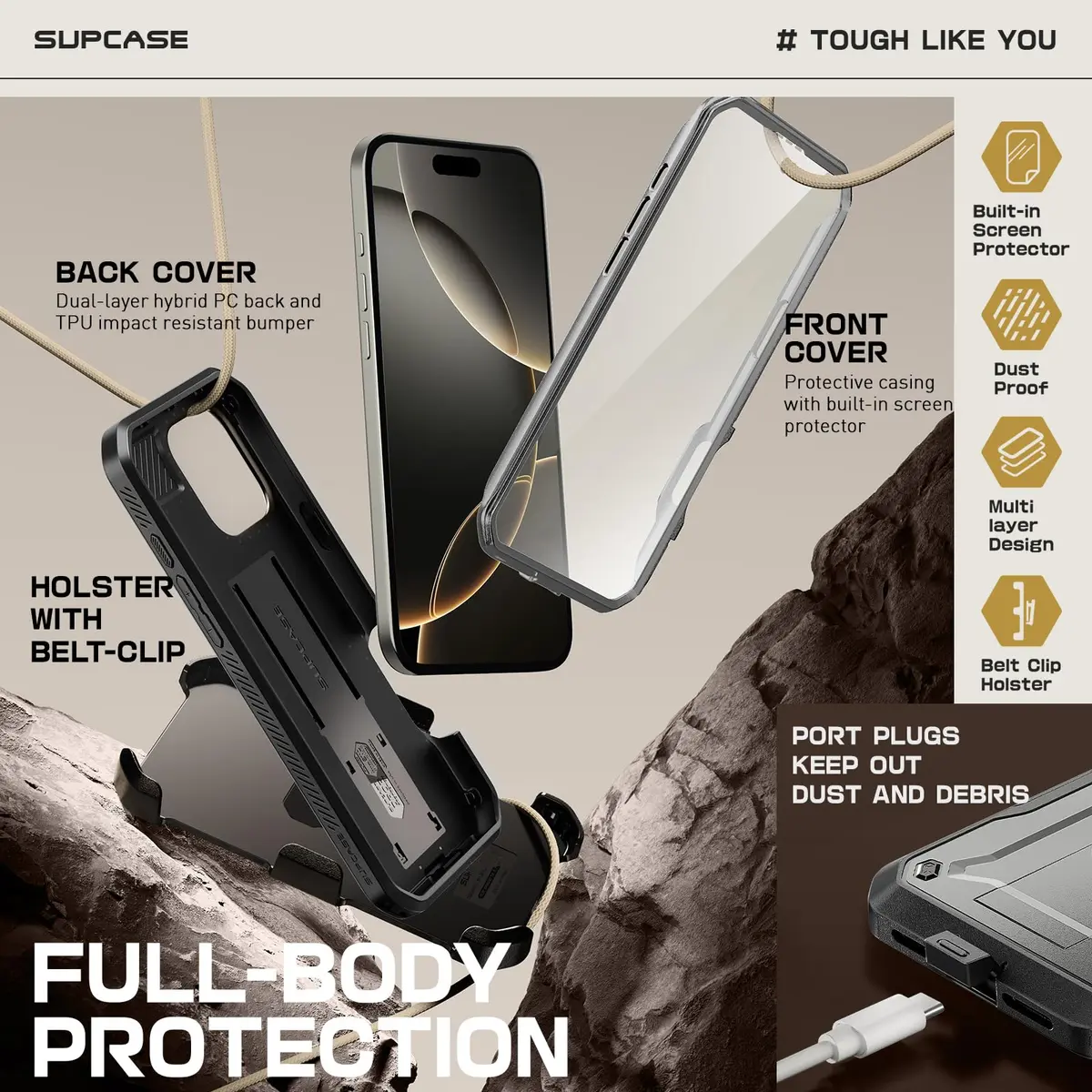 SUPCASE iPhone 16 Pro Max Case with Screen Protector & Stand, Tigray | Shockproof Dual-Layer Design - view 5