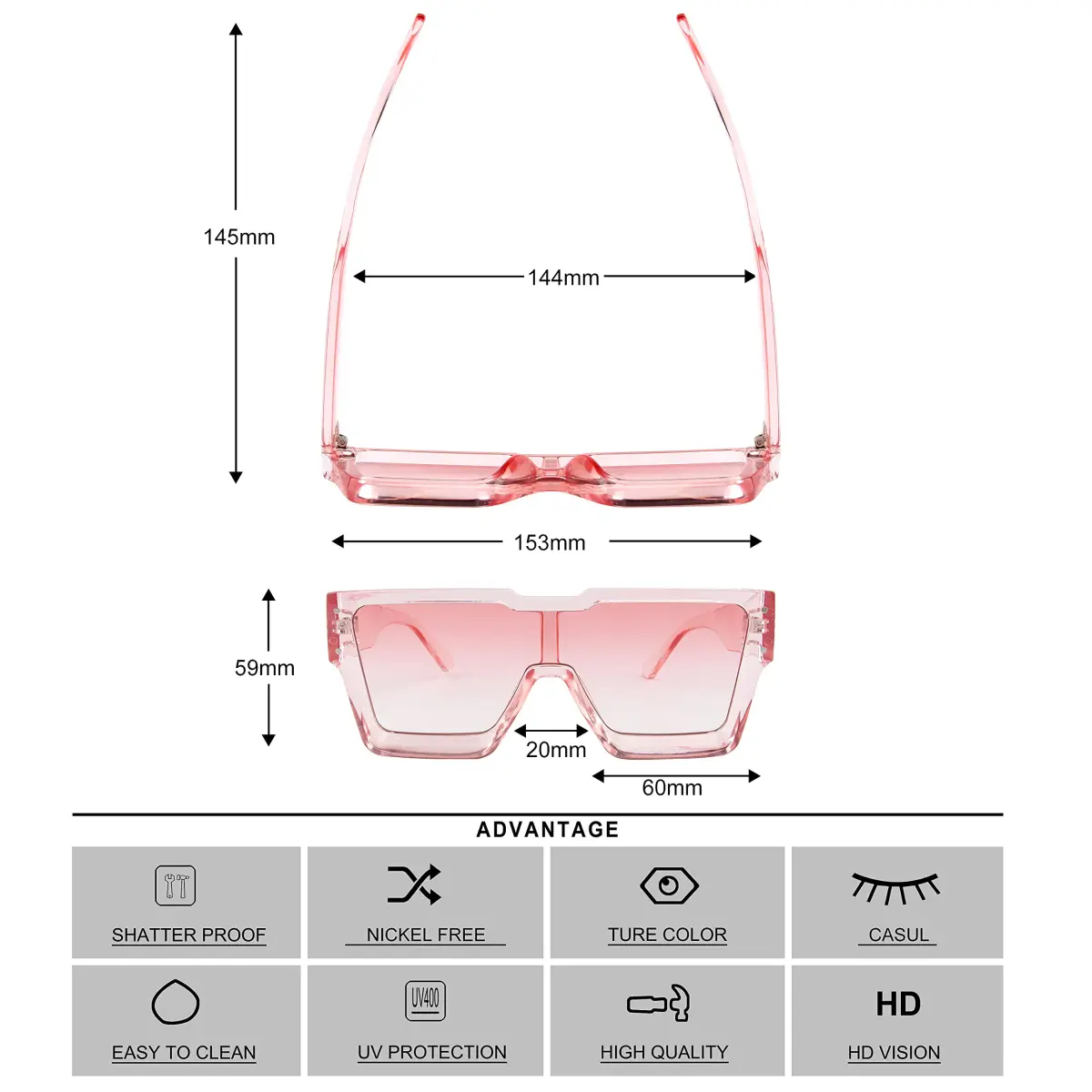 KENBO Oversized Crystal Pink Frame & Lens Square Sunglasses for Women & Men - view 4