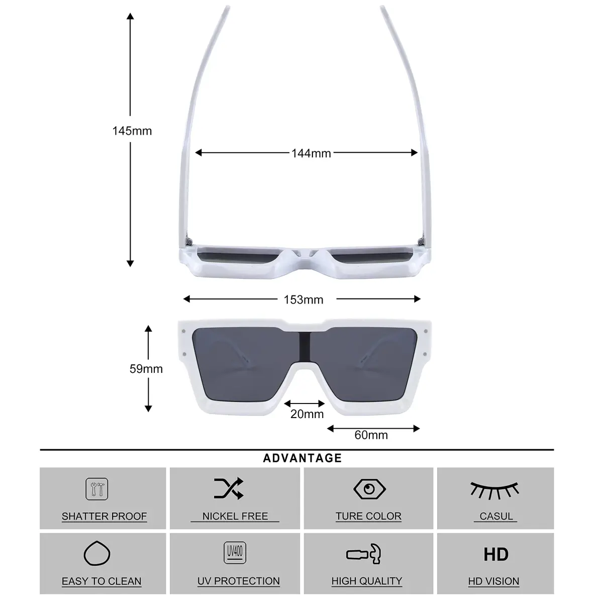 KENBO Oversized White Frame Dark Grey Lens Square Sunglasses for Women Men - view 3