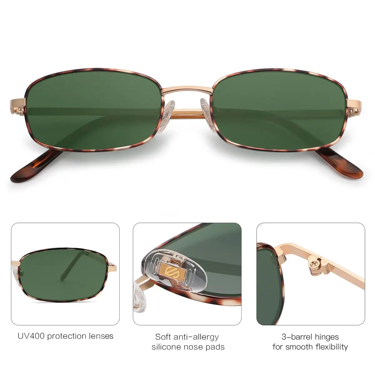 SOJOS Small Y2k Narrow Rectangle Sunglasses Green Metal Frame | UV Protection - view 3