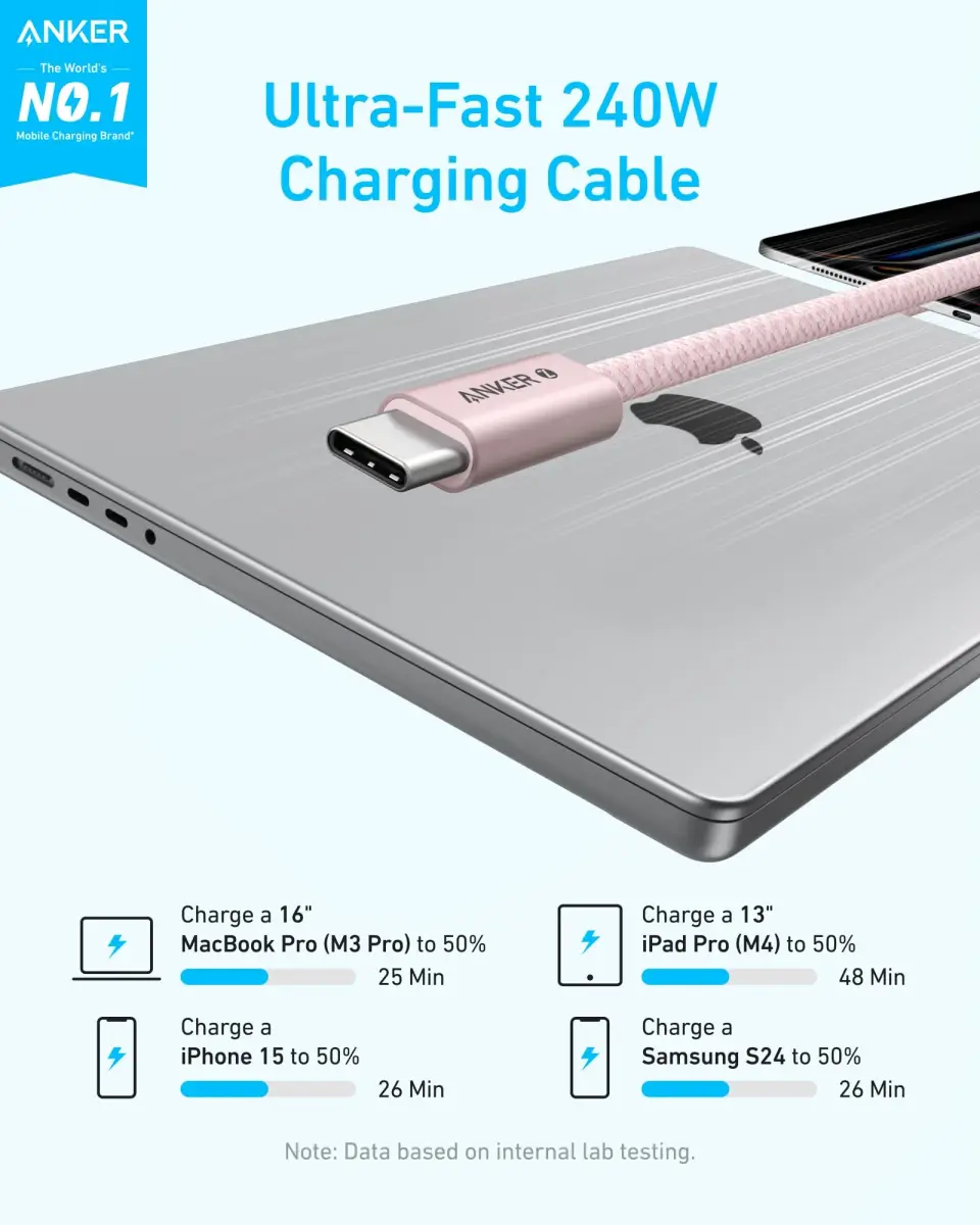 Anker Zolo USB-C to USB-C Cable 6 ft (1.83 m) | 240W PD 3.1 Fast Charging, 480 Mbps Data, Pink Braided - view 2