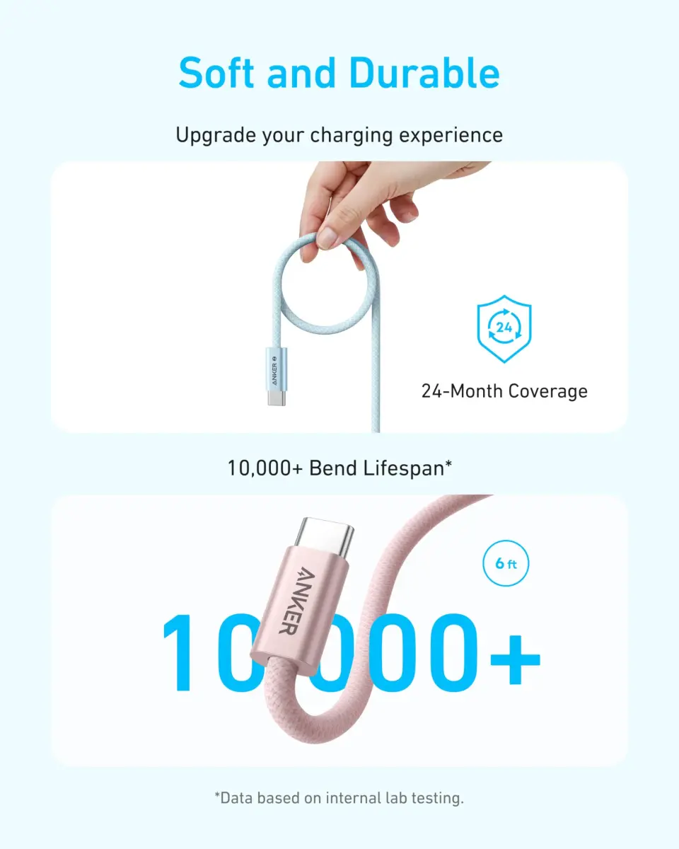 Anker Zolo USB-C to USB-C Cable 6 ft (1.83 m) | 240W PD 3.1 Fast Charging, 480 Mbps Data, Pink Braided - view 4