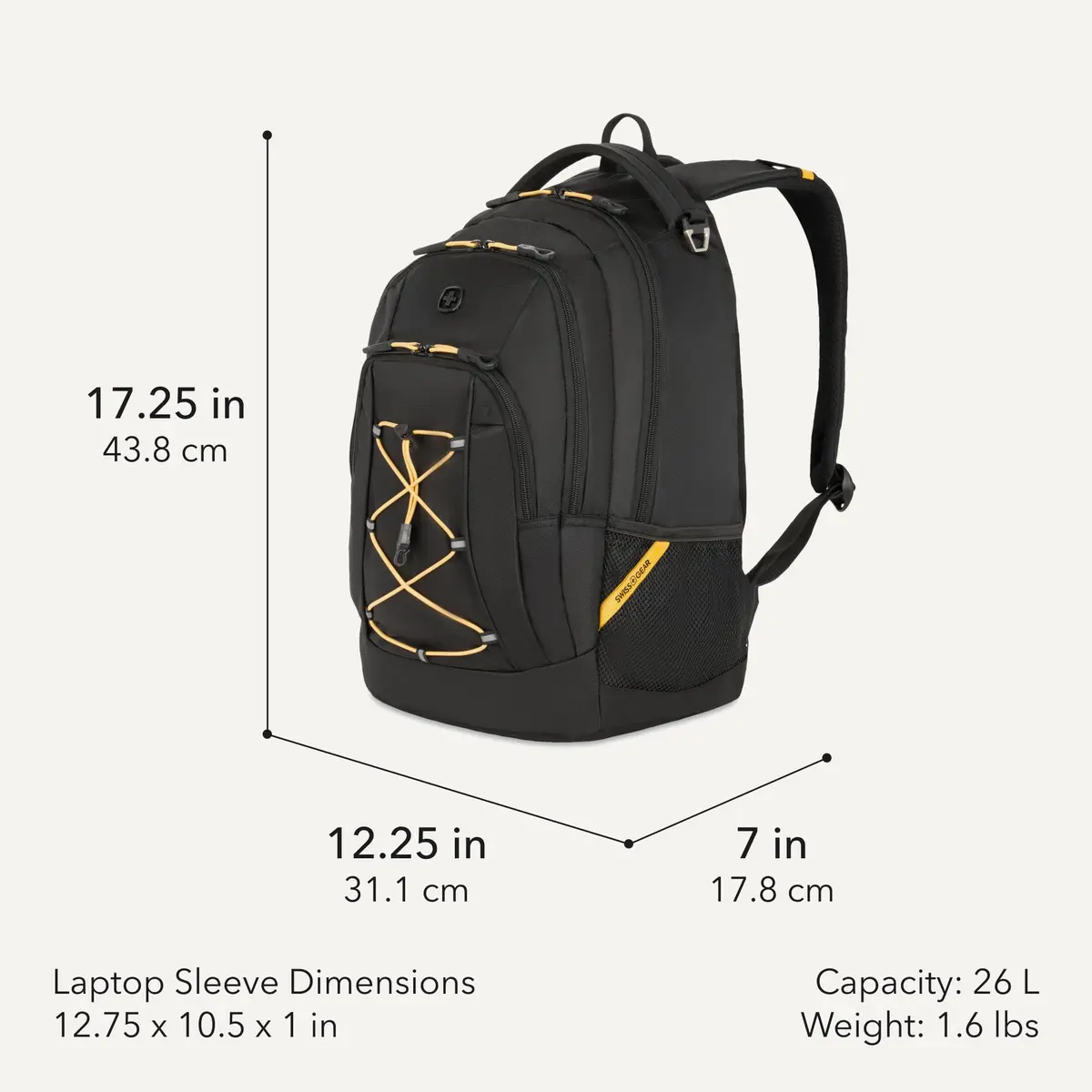 SwissGear Bungee Core Laptop Backpack, Black/Gold, 26L | Compact, Breathable & Organized for Daily Commutes - view 2